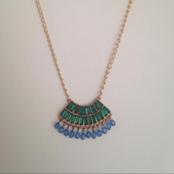 Boho Chic Gold, Emerald & Blue Fashion Necklace - Picture 5 of 8